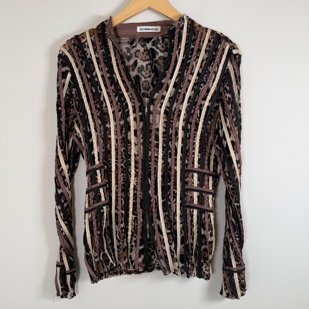 Alexandra Rosati Leopard Animal Print Semi Sheer Mesh Striped Zip Up Shirt Top